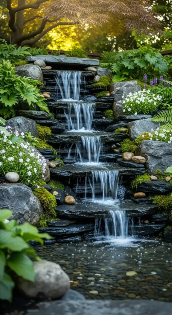 A serene multi-tiered stone waterfall flowing into a small pond, surrounded by lush green moss, ferns, and white flowers as part of several Dreamy Backyard Ideas.