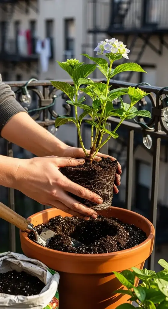 Hands gently repotting a young hydrangea plant with delicate light purple blooms into a terracotta pot on a sunlit balcony, surrounded by gardening tools and soil, capturing the nurturing process of growing hydrangeas in a city environment.