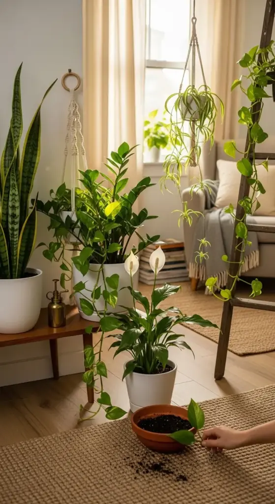 A sunlit living room filled with thriving indestructible indoor plants—including snake plant, ZZ plant, peace lily, pothos (in macramé hangers and on a ladder), and a spider plant—arranged around a cozy seating area, while a hand repots a leaf cutting in a terracotta bowl, showcasing easy-care, resilient houseplants that bring lush greenery and serenity to modern home interiors.