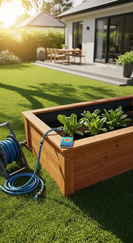 A modern wooden Raised Garden Beds unit on a green lawn, equipped with a smart irrigation system connected to a smartphone and a blue garden hose reel.