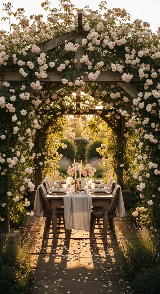 An elegant wooden dining table set for a formal dinner under a rustic pergola completely covered in soft pink climbing roses, creating a magical setting for outdoor Rose Garden Ideas.