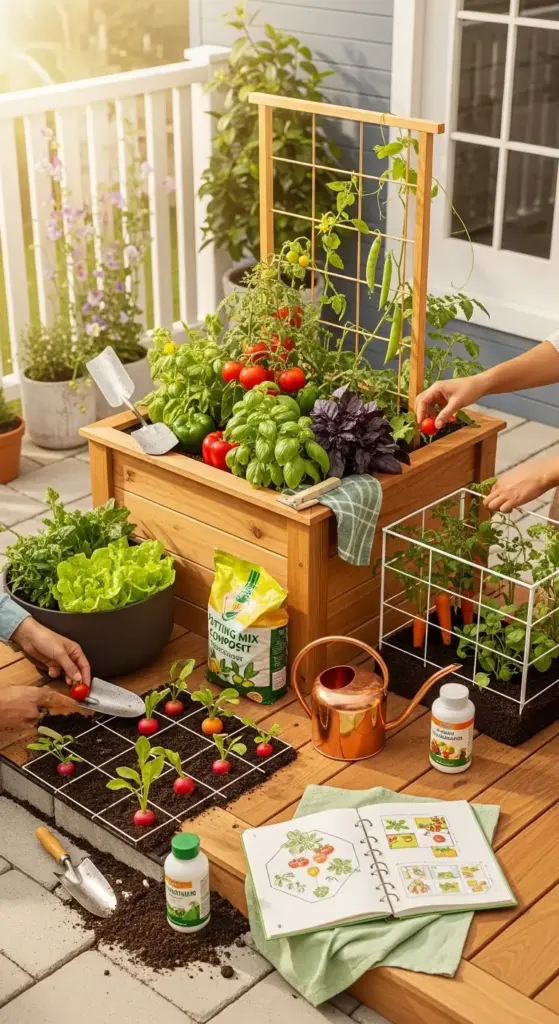 Hands tending to a vibrant, organized setup of small vegetable gardens on a wooden deck—featuring a raised cedar planter with tomatoes, basil, and peppers climbing a trellis, a grid-planted radish bed, a wire cage with carrots, and gardening supplies like compost, tools, and a planting guide—highlighting the charm and productivity of compact, container-based small vegetable gardens.
