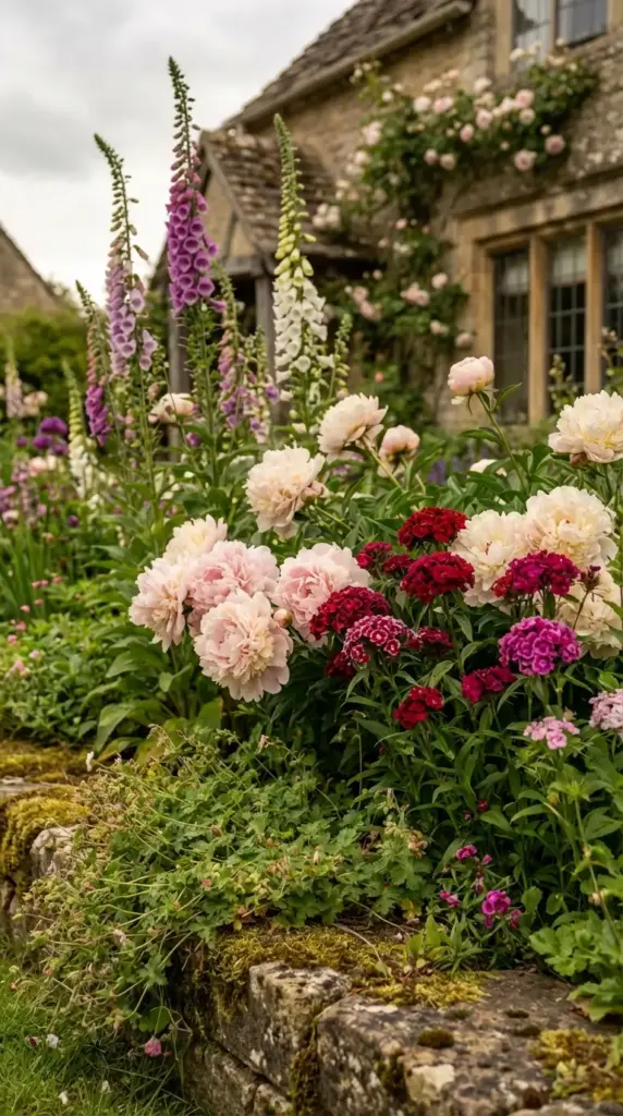A lush and dense Spring Flower Garden in front of a stone cottage, featuring towering purple and white foxgloves, large pale pink peonies, and clusters of deep red sweet William blooming along a mossy stone border.