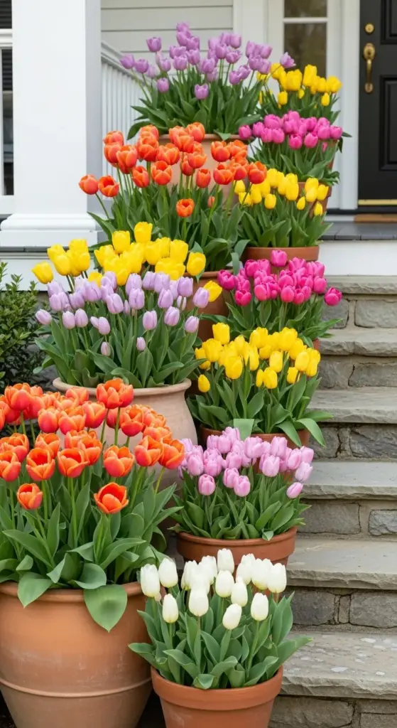 A stunning stone staircase lined with numerous terracotta pots overflowing with multi-colored tulips in shades of bright orange, sunny yellow, soft pink, and deep purple—a bold and cheerful inspiration for Spring Porch Ideas.