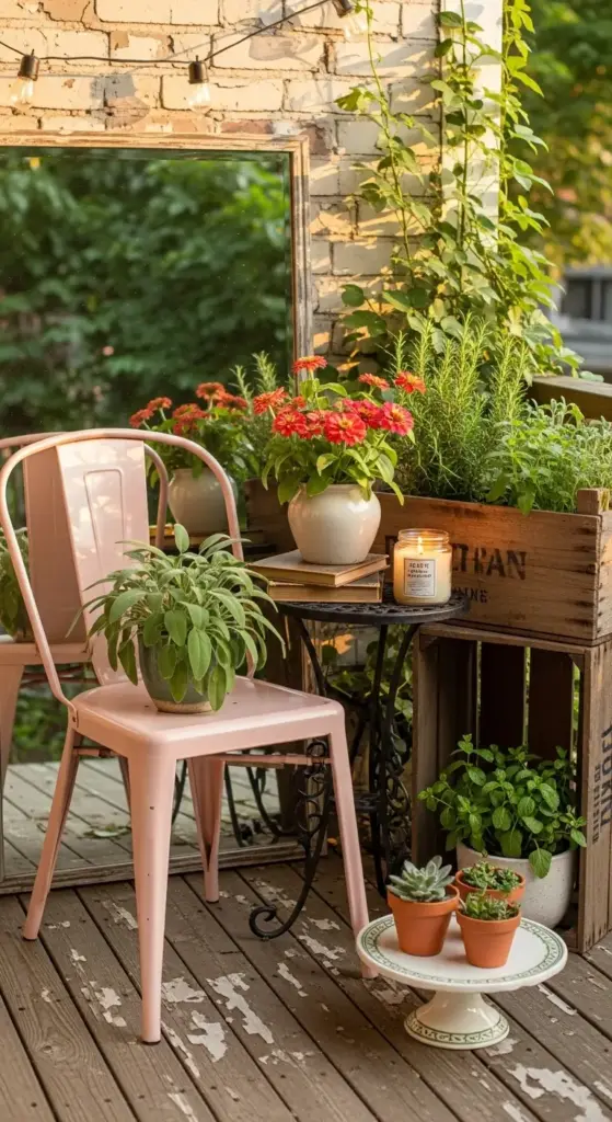 A rustic outdoor nook showcasing Spring Porch Ideas, featuring a pink metal chair, a vintage wooden crate used as a planter for herbs, a small side table with a candle and red zinnias, and a large mirror reflecting lush greenery.