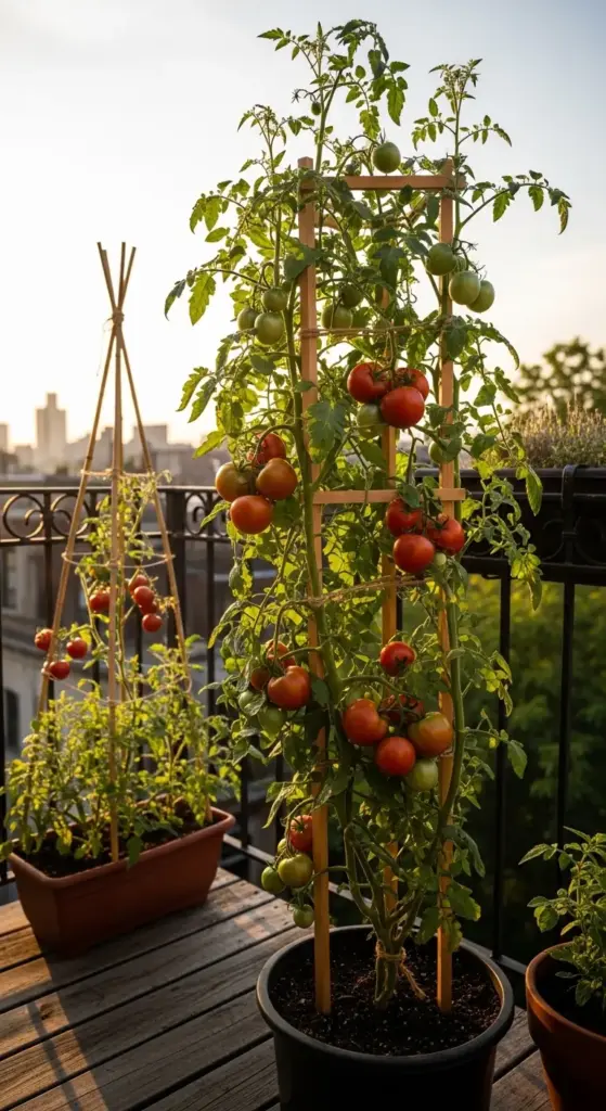 A wooden frame Tomato Trellis with vertical posts and horizontal supports, holding lush tomato vines heavy with ripe red, orange, and green tomatoes, situated on a sunlit rooftop garden deck alongside additional potted plants and a secondary trellis, with a city skyline backdrop under a clear sky during golden hour.