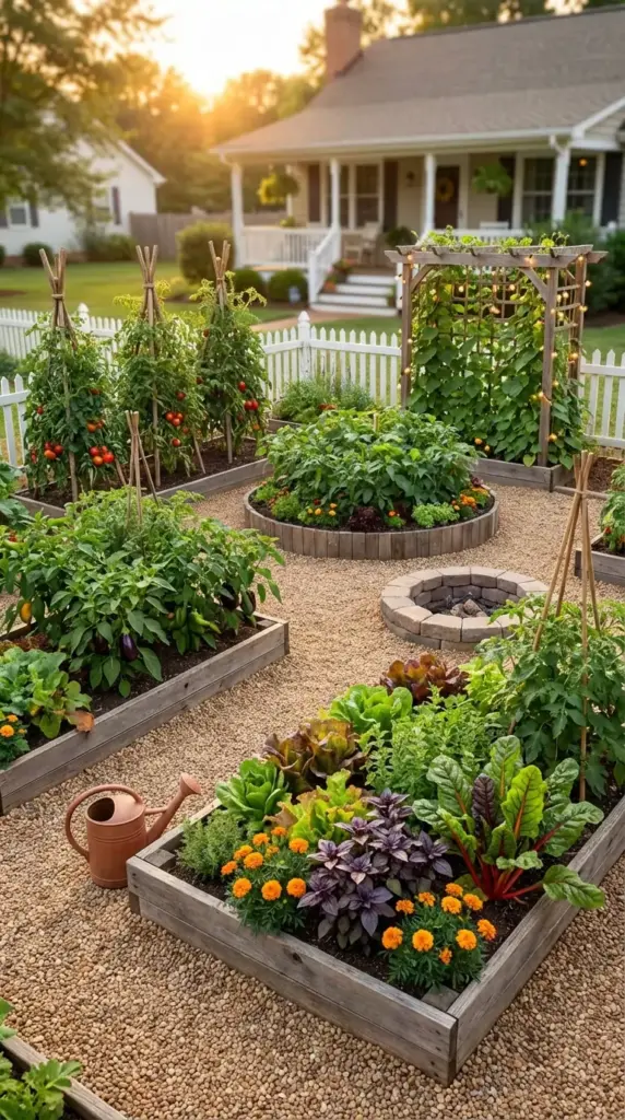 A beautifully organized backyard garden featuring a mix of rectangular and circular wooden raised beds filled with vibrant lettuce, purple basil, marigolds, and staked tomato plants, all set on a pea gravel path with a central stone fire pit—a perfect example of functional and stylish Vegetable Garden Design.