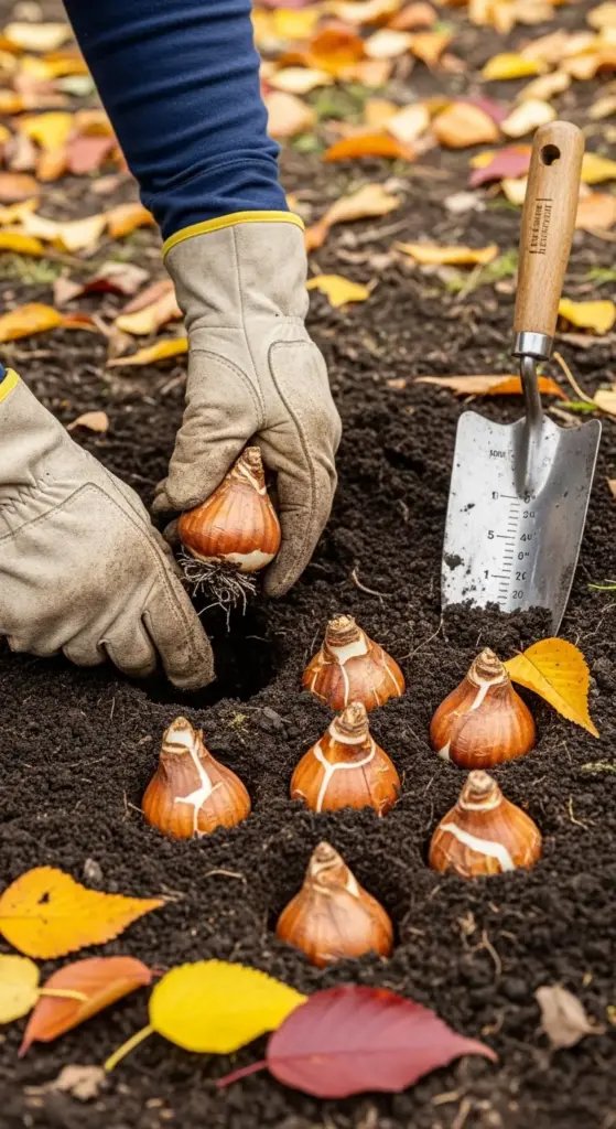 A gardener wearing protective gloves planting brown flower bulbs into dark soil with a hand trowel nearby, a key step in growing daffodil flowers for a spring garden.