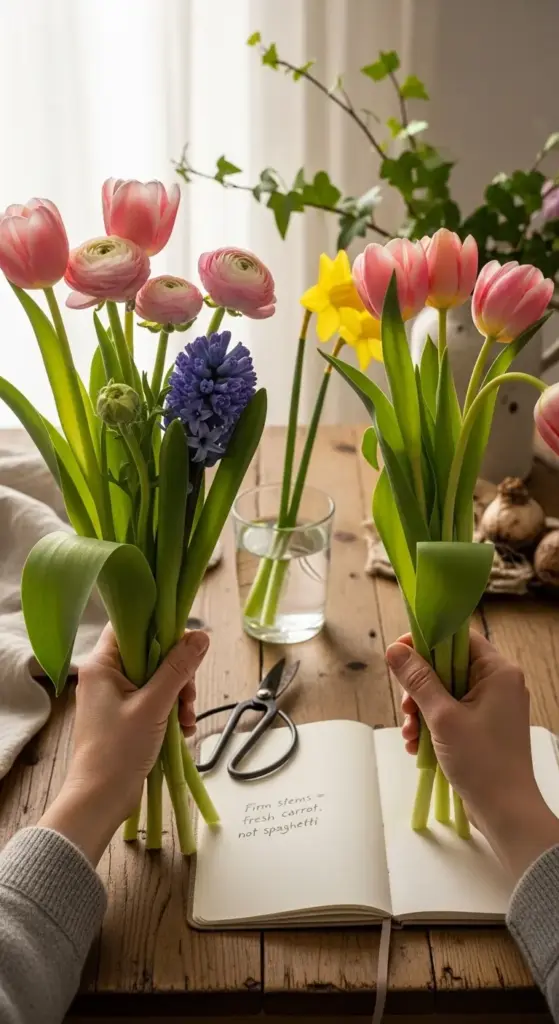 Two hands hold vibrant Spring Flower Arrangements featuring pink tulips, ranunculus, a purple hyacinth, and yellow daffodils over a rustic wooden table, accompanied by an open notebook with the handwritten note “Firm stems = fresh carrot, not spaghetti,” scissors, a water glass holding additional blooms, and green foliage in the background.