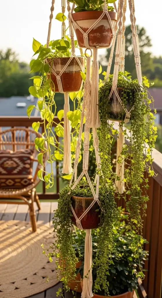 Bohemian-style macramé plant hangers holding trailing vines and succulents on a wooden deck, offering aesthetic and elevated Balcony Garden Ideas.