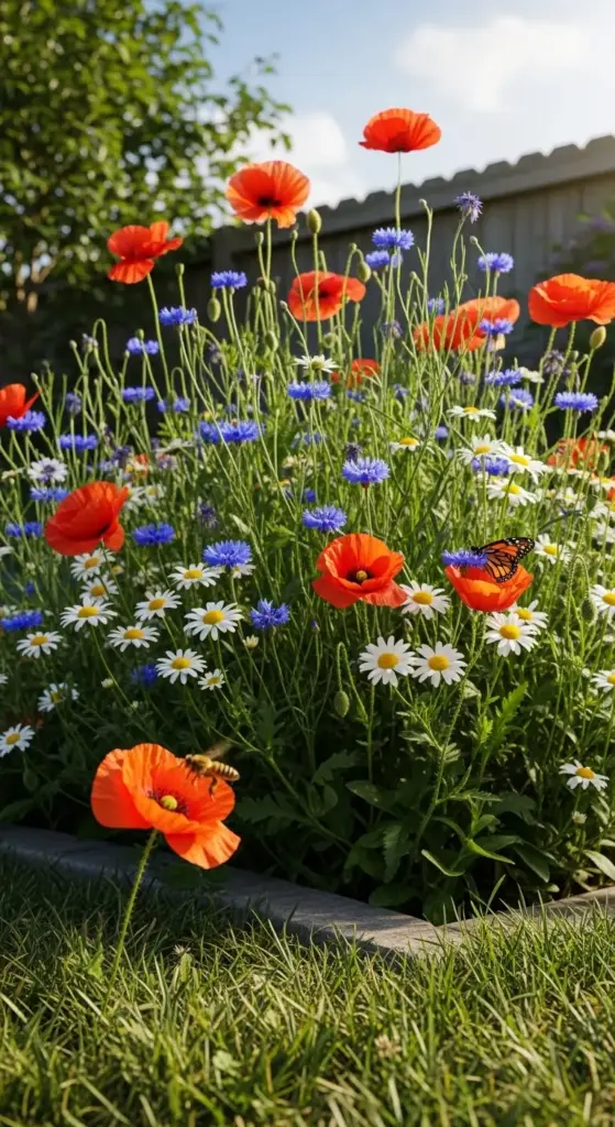 Vibrant orange poppies, blue cornflowers, and white daisies blooming in a sunlit garden bed, showcasing Dreamy Backyard Ideas for a pollinator-friendly landscape.