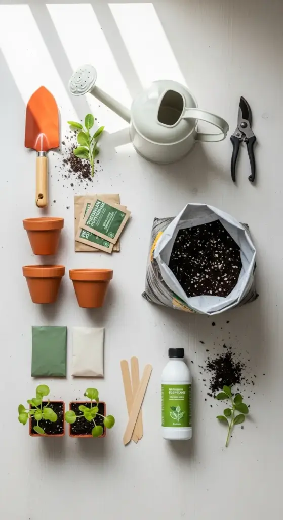 A flat-lay composition on a white wooden surface featuring a curated selection of tools including an orange hand trowel, pruning shears, a white watering can, terracotta pots, seed packets, and organic fertilizer—a visual checklist for Gardening for Beginners.