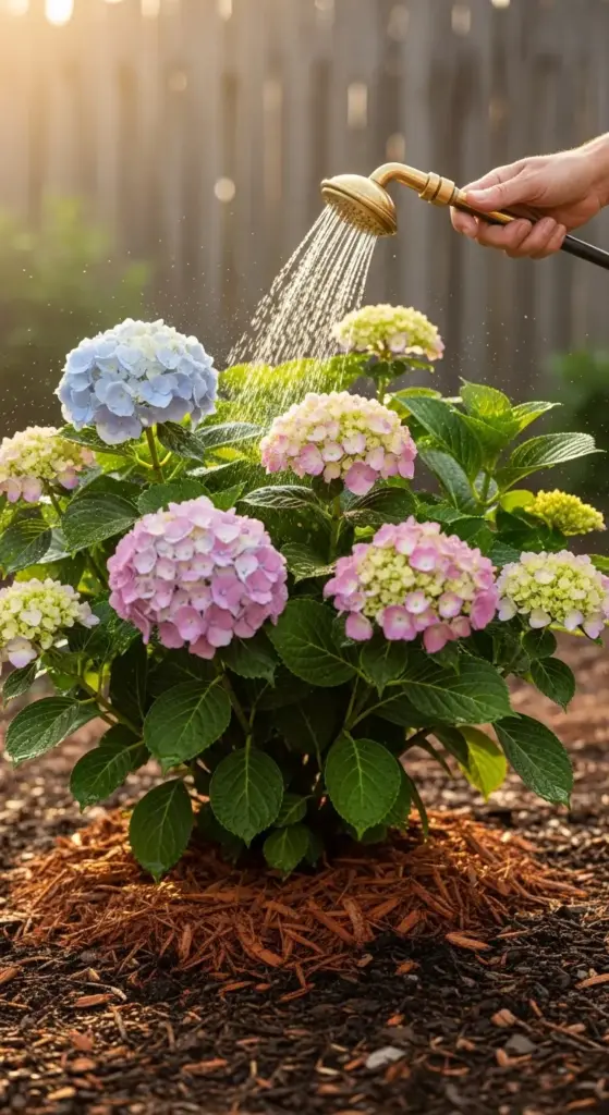 A hand gently watering vibrant blue, pink, and white hydrangea blooms in a sunlit garden bed covered with mulch, with a wooden fence in the background, highlighting the nurturing care essential for growing hydrangeas.