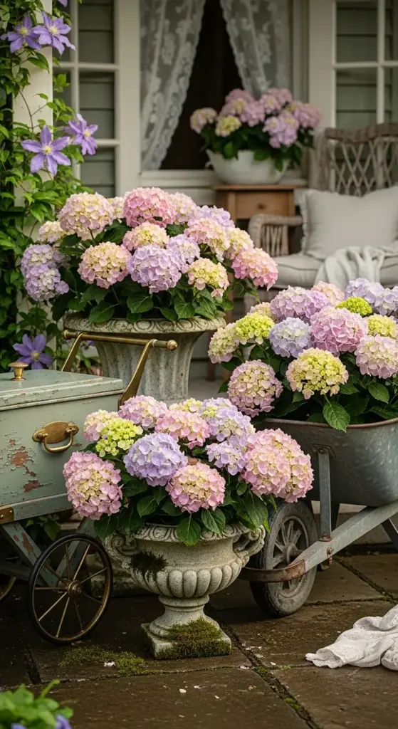 Charming front-porch scene featuring hydrangeas in soft pinks, lavenders, and creams planted in ornate stone urns and a rustic metal wheelbarrow, complemented by climbing clematis and vintage garden accents—showcasing creative, container-based hydrangea landscaping ideas for elegant, portable curb appeal.