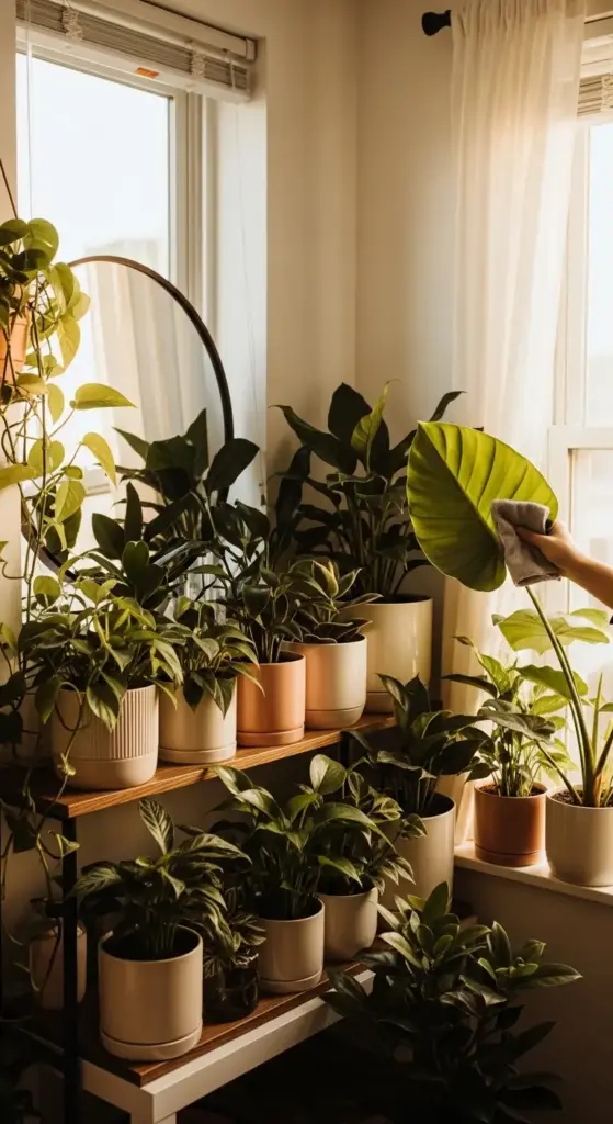 An indoor corner filled with various Indestructible Indoor Plants arranged on a wooden shelf and windowsill. The collection features lush greenery like pothos, ZZ plants, and peace lilies in ceramic pots. A hand is seen gently wiping a large, vibrant green leaf with a cloth near a bright window with soft white curtains.