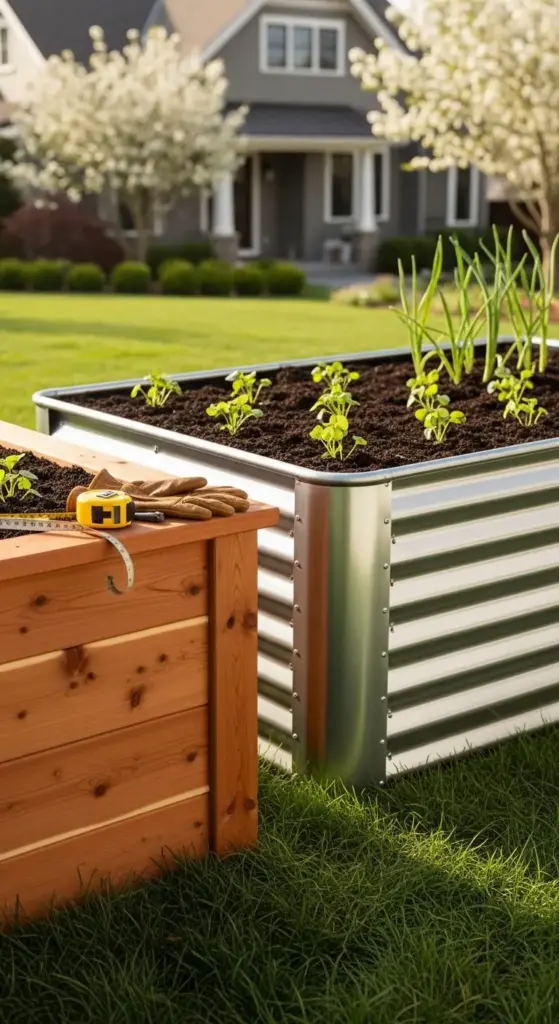A side-by-side comparison of two Raised Garden Beds, one crafted from natural wood and the other from corrugated metal, with measuring tape and gardening gloves sitting on the wooden ledge.