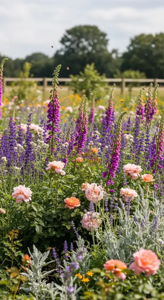 A vibrant summer meadow featuring peach-colored roses, tall purple foxgloves, and lavender plants under a clear sky, providing natural and airy Rose Garden Ideas.