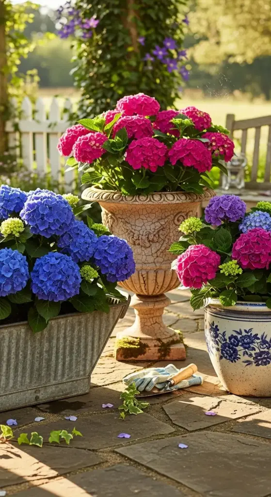 Plant vibrant hydrangeas in oversized vintage pots to add movable color. These containers allow you to shift the focus of your garden throughout the seasons.