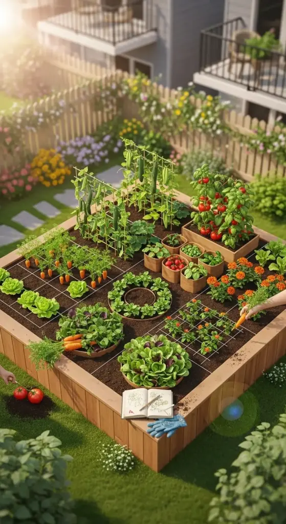 An elevated view of a meticulously designed raised-bed small vegetable garden, bursting with organized rows of carrots, lettuce, tomatoes, cucumbers, beans, and herbs—some in containers and trellises—surrounded by flowers and greenery in a sunny backyard, with hands harvesting produce and a gardening journal nearby, illustrating the abundance and charm of well-planned small vegetable gardens.