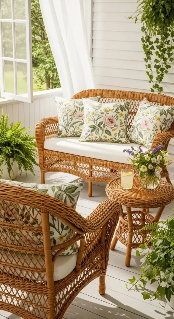 A sun-drenched porch featuring a classic wicker loveseat and armchair with floral-patterned pillows, a matching side table with a fresh glass of lemonade, and lush green ferns—a tranquil example of Spring Porch Ideas.