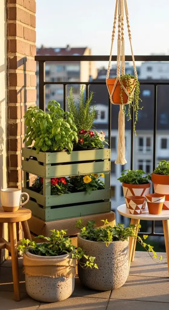 A sunny balcony filled with Spring Porch Ideas, including a green stacked crate planter for basil and rosemary, a macramé plant hanger, and various geometric pots with trailing ivy.