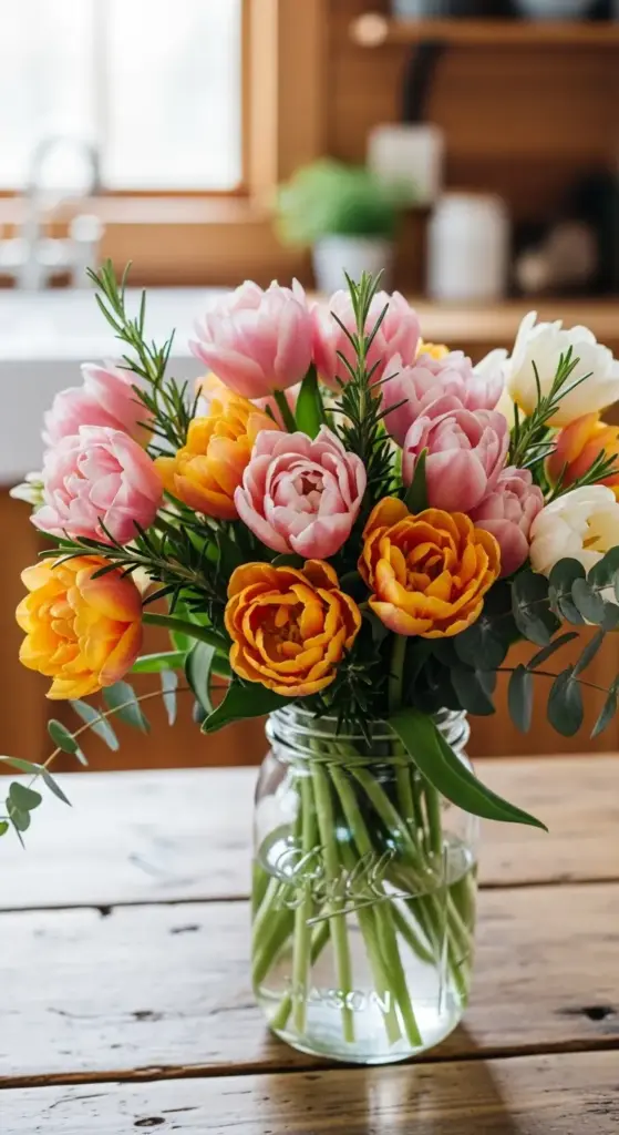 This image provides cozy Tulip Arrangement Ideas by featuring a full, dense bouquet of double-petaled tulips in soft pink, warm orange, and cream tones. Arranged in a classic clear glass Mason jar, the flowers are accented with sprigs of fresh rosemary and eucalyptus, adding texture and a rustic, garden-fresh feel to the wooden tabletop setting.
