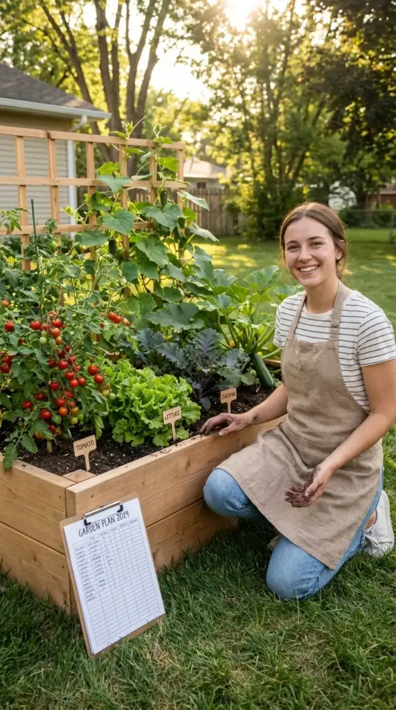 A smiling gardener in a linen apron kneels beside a wooden raised bed thriving with lettuce, kale, and cherry tomatoes climbed up a cedar trellis, while a detailed "Garden Plan 2024" clipboard rests in the grass—a perfect example of organized Vegetable Garden Design.