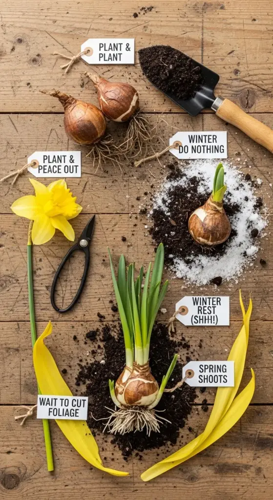 An educational flat lay diagram showing the stages of a growing daffodil, from dormant bulbs labeled "Plant & Plant" to sprouting "Spring Shoots" and a final yellow bloom with "Wait to Cut Foliage" instructions.