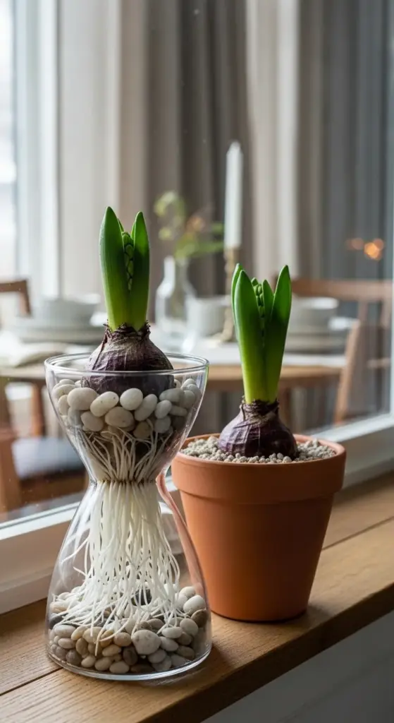 Two hyacinth flower plants with vibrant green shoots and purple bulbs are displayed on a wooden windowsill—one in a hourglass-shaped glass vase filled with smooth pebbles and visible roots, and the other in a terracotta pot with small gravel. Soft natural light filters through the window, illuminating the scene, while a blurred dining area with a table, chairs, and a candle creates a cozy backdrop.