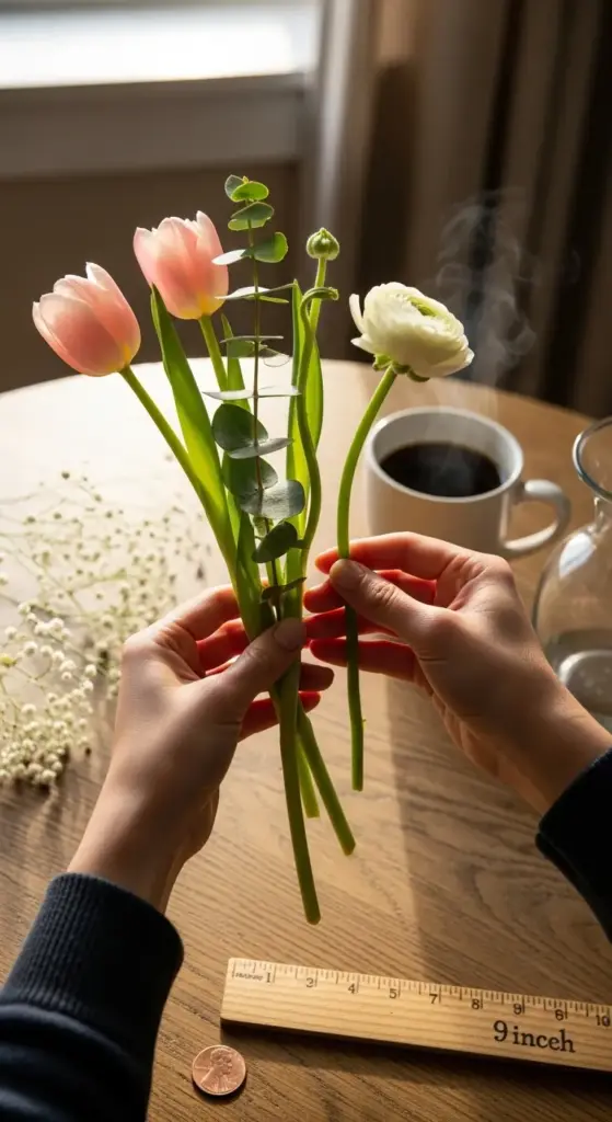 Two hands hold a delicate Spring Flower Arrangements featuring pink tulips, white ranunculus, and eucalyptus leaves over a wooden table, accompanied by a steaming coffee cup, a ruler marked “9 inchec,” a penny, and scattered baby’s breath flowers, with soft natural light illuminating the scene.