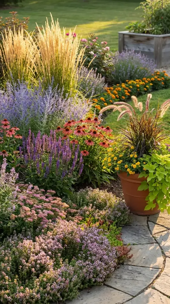 A stunning example of a professional Backyard Layout featuring a natural stone patio bordered by a dense, multi-layered perennial bed—including golden ornamental grasses, purple Russian sage, pink coneflowers, and a low-growing carpet of flowering thyme—all glowing under the soft warmth of late afternoon sunlight.