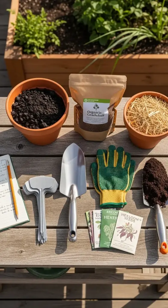 A flat lay of gardening tools on a wooden table, including a trowel, green gloves, and heirloom seed packets next to pots of lava rock and mulch—everything needed to start your own Companion Planting garden.