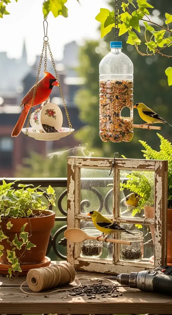 A vibrant display of creative DIY bird feeders on a sunny balcony: a cardinal perches on a floral teacup-and-saucer feeder, a goldfinch sits on a repurposed plastic bottle filled with seed, and another feeds from a rustic wooden window-frame feeder with glass jars—surrounded by potted ivy, twine, and tools—showcasing imaginative, upcycled DIY bird feeders that blend function, charm, and urban garden appeal.