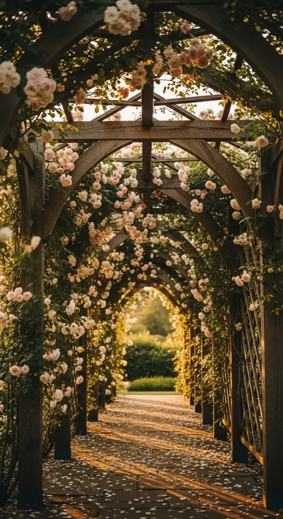 A romantic stone walkway leading through a series of wooden garden arches covered in climbing peach roses, showcasing elegant and Dreamy Backyard Ideas.