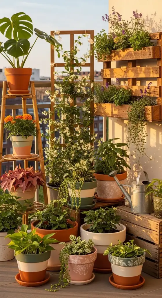 A lush urban balcony garden featuring an array of terracotta and painted pots filled with monsteras, marigolds, and trailing string-of-pearls, arranged alongside a wooden pallet planter and a climbing jasmine trellis—vibrant inspiration for Gardening for Beginners.