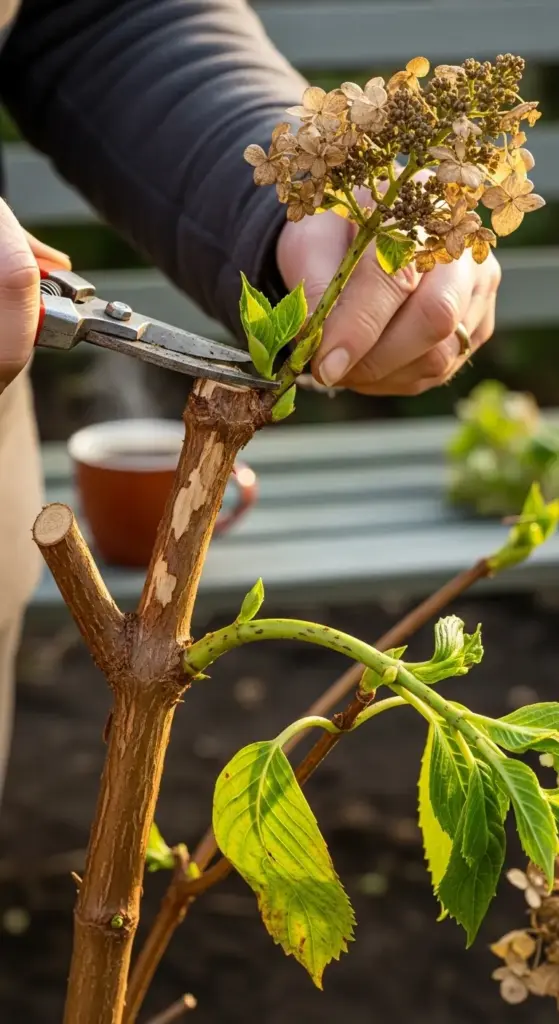 Hands using pruning shears to trim a hydrangea stem with dried flower heads and new green growth, demonstrating essential pruning techniques for growing hydrangeas in a garden setting.