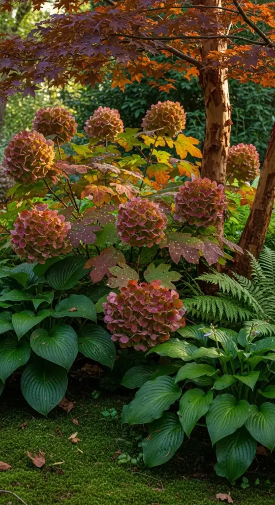 A lush woodland-style garden scene featuring hydrangeas with autumnal pink-to-rust blooms nestled among broad-leafed hostas, ferns, and a Japanese maple with coppery foliage—demonstrating sophisticated hydrangea landscaping ideas that harmonize with shade-loving perennials and seasonal color for year-round interest.