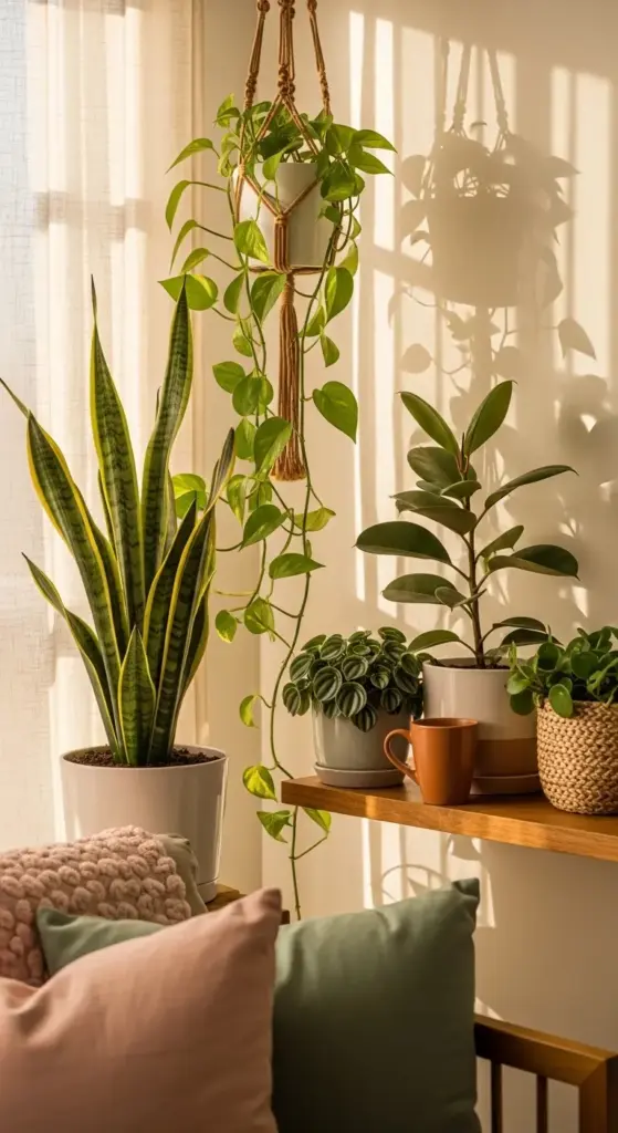 A sunlit living area featuring several Indestructible Indoor Plants, including a tall snake plant in a white pot and a trailing pothos in a macramé hanger. Smaller potted plants and a terracotta mug sit on a wooden shelf, casting long shadows against a warm white wall.