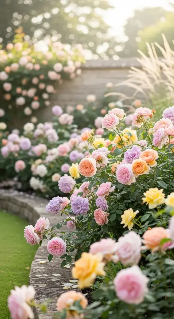 A curved stone garden border featuring a breathtaking variety of blooming roses in shades of pink, peach, yellow, and lavender—providing vibrant and layered Rose Garden Ideas.