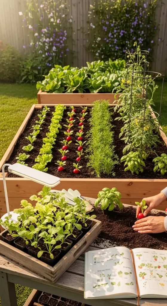A sunlit backyard scene featuring two tiered raised beds filled with neatly arranged rows of lettuce, radishes, herbs, and tomato plants supported by metal cages—alongside a workbench with seedlings in trays, a gardening guide open to plant illustrations, and hands planting a radish—showcasing the thoughtful planning and hands-on care involved in thriving small vegetable gardens.