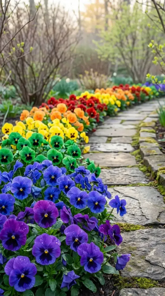 A stunning stone garden path lined with a meticulously planted rainbow border of pansies, transitioning from deep purple and blue to vibrant green, yellow, orange, and red—a creative and colorful addition to a Spring Flower Garden.