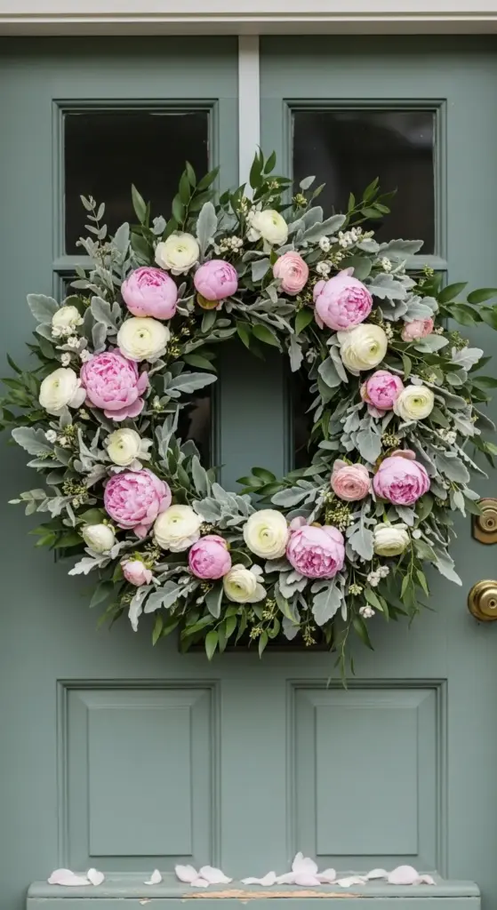 A lush, full spring wreath featuring large pink peonies, creamy white ranunculus, and silvery-green lamb's ear foliage, beautifully displayed on a sage-green front door—a centerpiece for elegant Spring Porch Ideas.