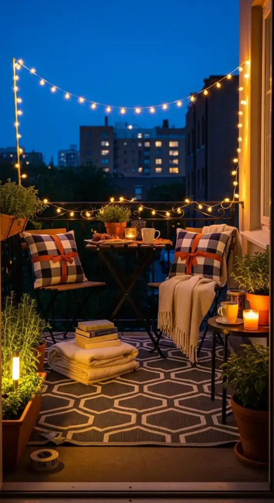 A cozy evening balcony scene illustrating Spring Porch Ideas, with warm string lights, checkered pillows with orange bows, a geometric rug, and potted herbs under a twilight sky.
