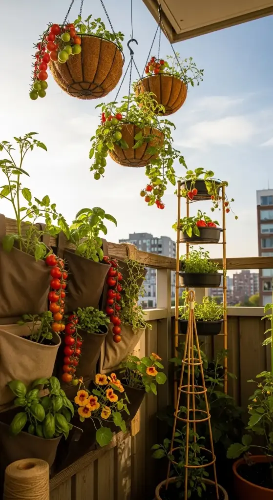 A tall, slender bamboo Tomato Trellis supports lush tomato vines heavy with ripe red and green tomatoes, set in a sun-drenched urban balcony garden featuring hanging coir baskets, vertical fabric planters with herbs and flowers, and a backdrop of city buildings under a clear blue sky.