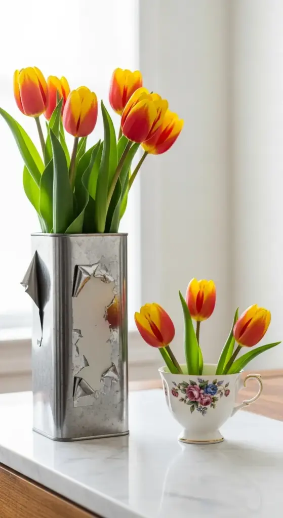 Creative Tulip Arrangement Ideas are showcased in this image through the use of unique, repurposed containers. A tall, vintage-style weathered metal tin holds a bunch of vibrant yellow and red tulips, while a dainty, floral-patterned teacup sits beside it with three matching stems, demonstrating how everyday household items can create a charming and eclectic tabletop display.