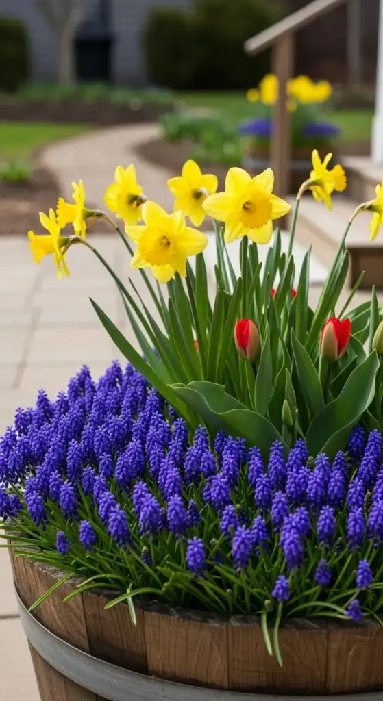 A wooden barrel planter filled with vibrant growing daffodil blooms, purple hyacinths, and red tulip buds, set against a garden path with blurred greenery and additional flowers in the background.