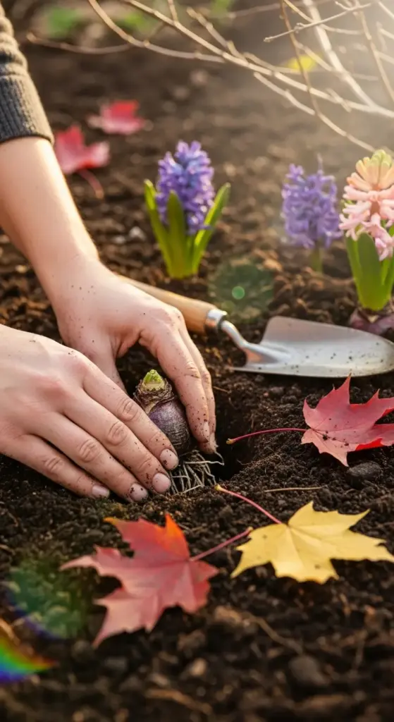 A person’s hands gently plant a hyacinth flower bulb into rich soil, surrounded by blooming purple and pink hyacinth flowers, vibrant autumn leaves in shades of red and yellow, and a small gardening trowel, all bathed in warm sunlight in an outdoor garden setting.