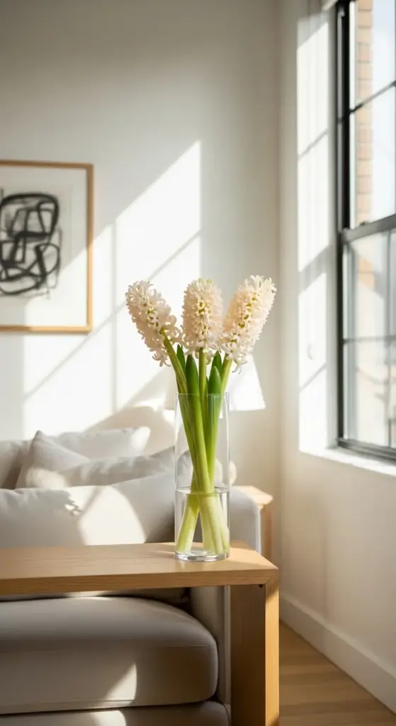 A minimalist Spring Flower Arrangements of white hyacinths in a clear glass vase rests on a light wooden table in a sunlit living room, with a beige sofa, abstract wall art, and large windows casting soft natural light across the space.