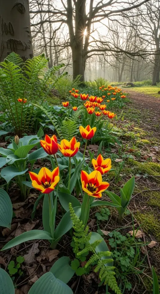 Tuck species tulips like Tulipa greigii among ferns and hostas beneath deciduous trees. Their early bloom capitalizes on spring sunlight before canopy cover thickens, creating a delicate forest-floor tapestry.