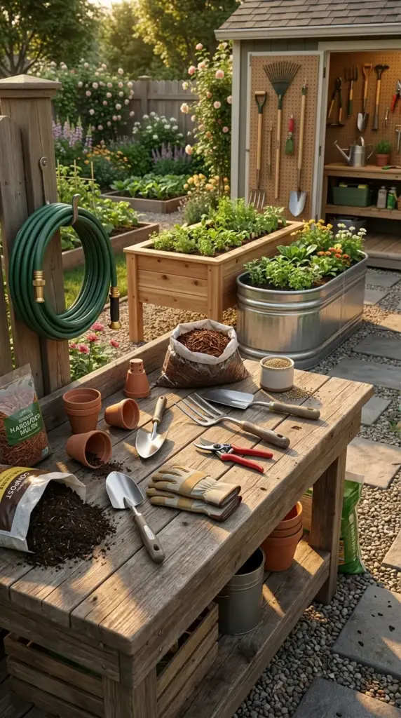 A well-organized Backyard Layout featuring a rustic wooden potting bench stocked with hand tools, gloves, and soil, positioned near a tidy garden shed with a pegboard tool display and galvanized raised beds full of growing herbs and flowers.